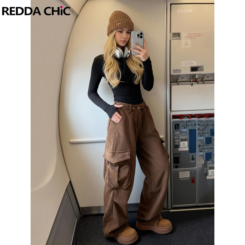 REDDACHiC Vintage Brown Corduroy Trousers Multi-pocket Loose Casual Pleated Wide Leg Cargo Pants New In Autumn Woman Clothes