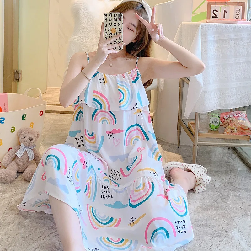 New Sexy Spaghetti Strap Night Dress Women Flower Print Nightgowns Casual  Home Clothes Night Shirt Sleepwear Nightwear 40-70kg