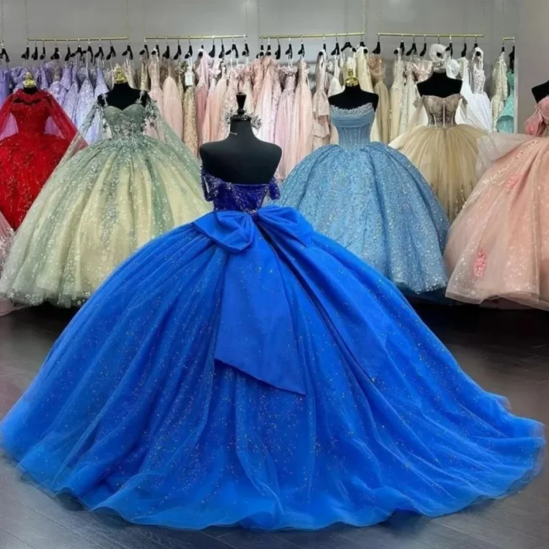 Vestido de baile Quinceanera Glitter, 16 anos, Azul Royal, Laço Applique, 15 vestido mexicano, Querida