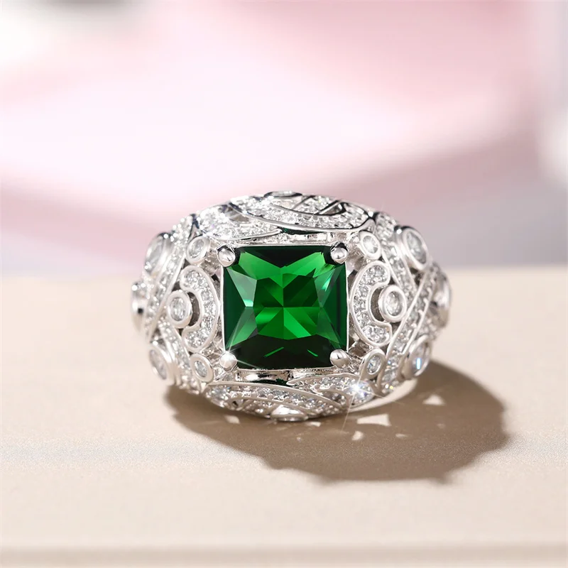 CAOSHI Luxury Vintage Finger Ring for Women Bright Green Zirconia Accessories for Party Retro Style Jewelry Female Delicate Gift