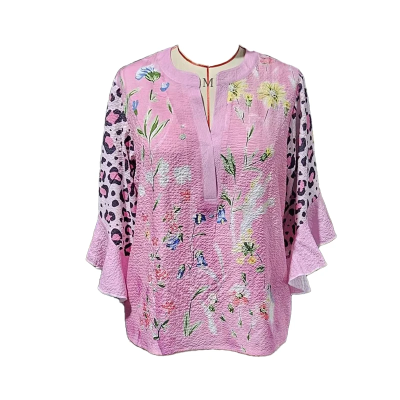 Blusa de crepé de burbujas rosa para mujer, estampado Floral y geométrico, elegante cuello en V, manga acampanada con volantes, camisas Vintage Retro de verano