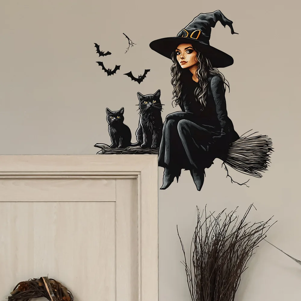 1 Stück Cartoon-Cartoon-Hexenfledermaus-Blackcat-Wandaufkleber, geeignet für Wanddekoration im Eingangsbereich, Schlafzimmer und Wohnzimmer