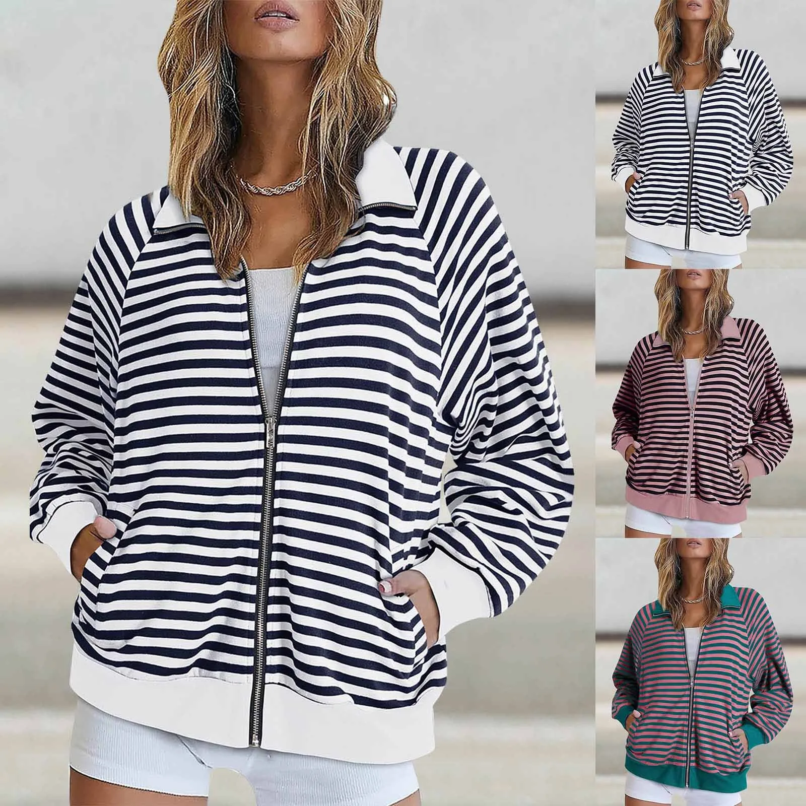 

Women's Long Sleeved Casual Zipper Striped Sweatshirt Pocket Coat Rain Jacket Jacket for Women Heavy