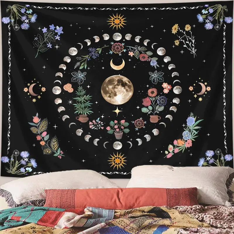 VIKAMA Full Moon Moon Phase Flower Plant Tapestry, Enchanted Wall Art Background Cloth for Nature-Inspired Decor