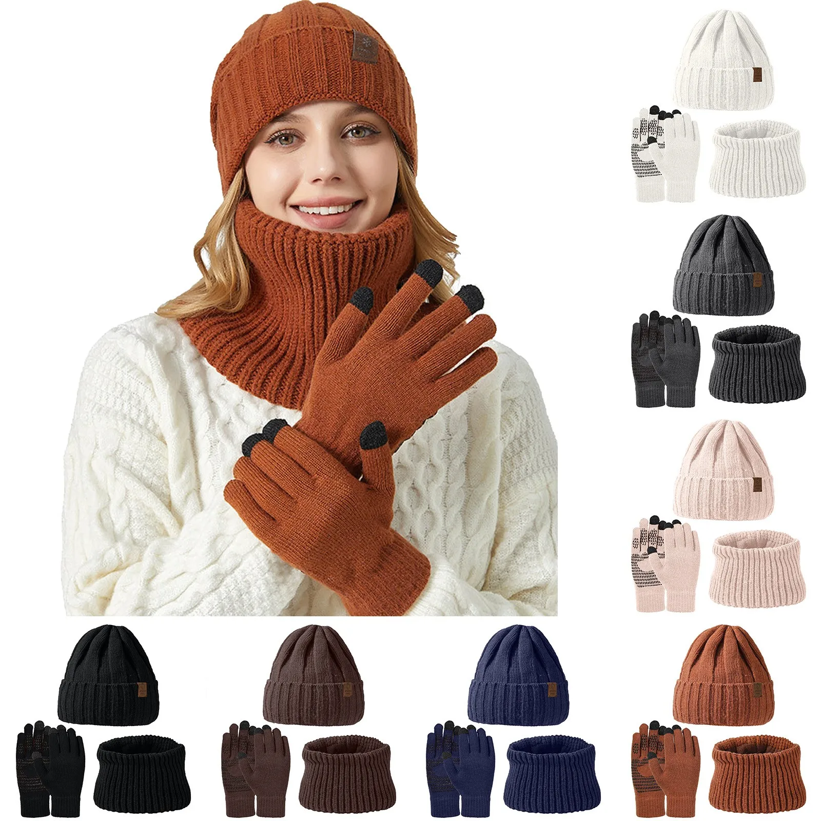 

1 Set Women Hat Scarf Gloves Set Plush Lining Ear Protection Knitted Hat Scarf Mittens Set Woolen Hat Neckerchief Gloves Suit