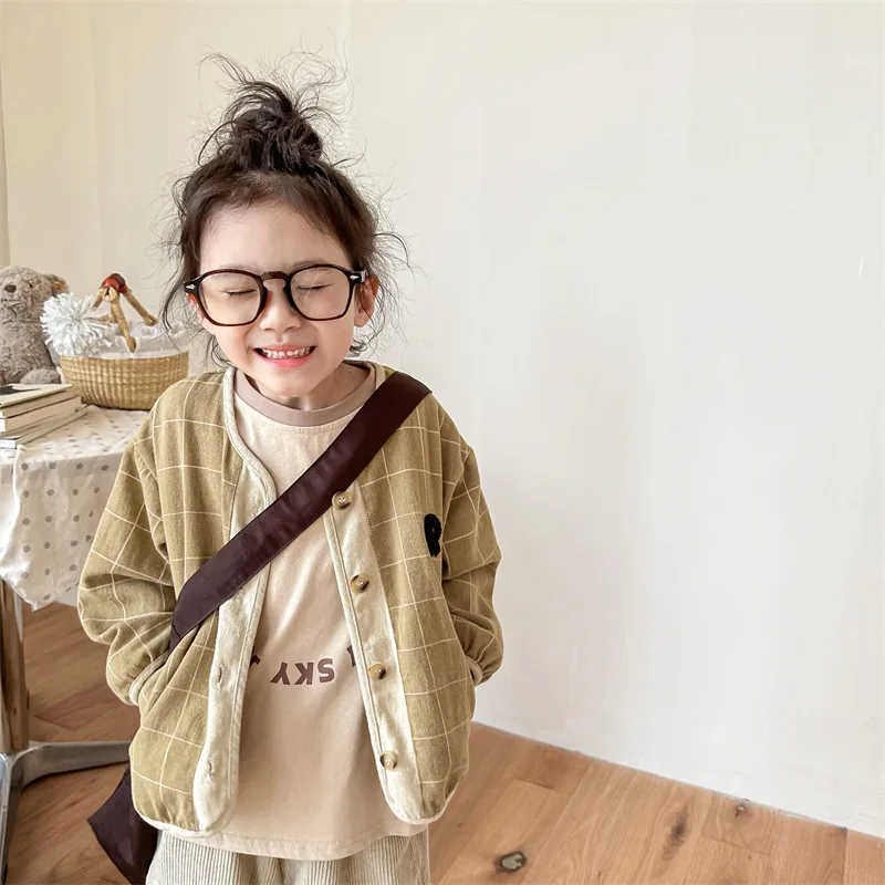 

2024 Spring Kids contrast color plaid Coat Letters embroidery O-Neck jacket Girls Boys cotton Cardigan