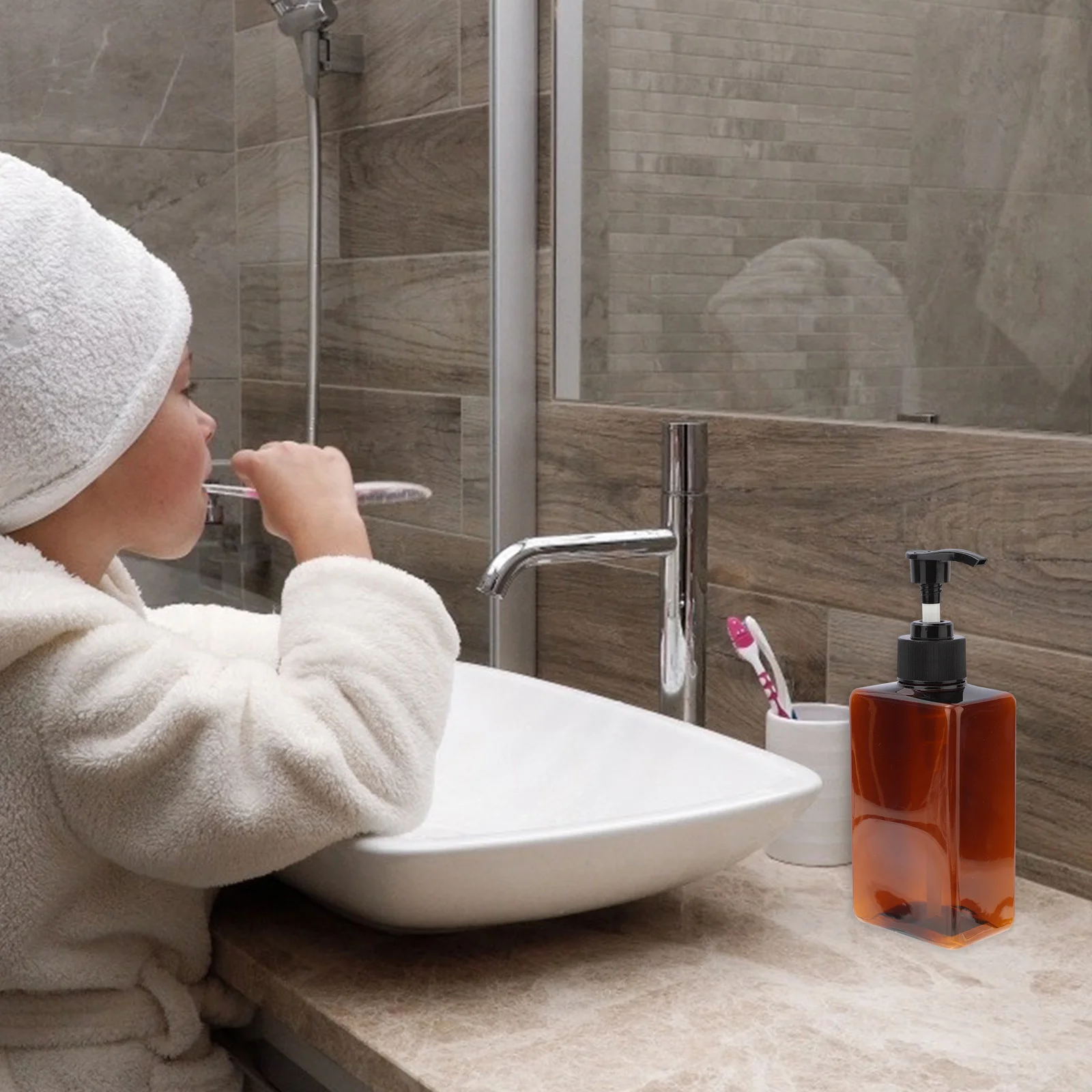 

2Pcs 280ml Press Pump Empty Square Bottles for Shampoo Liquid Soap Travel Use Petg Material Brown Empty Bottle with Pump