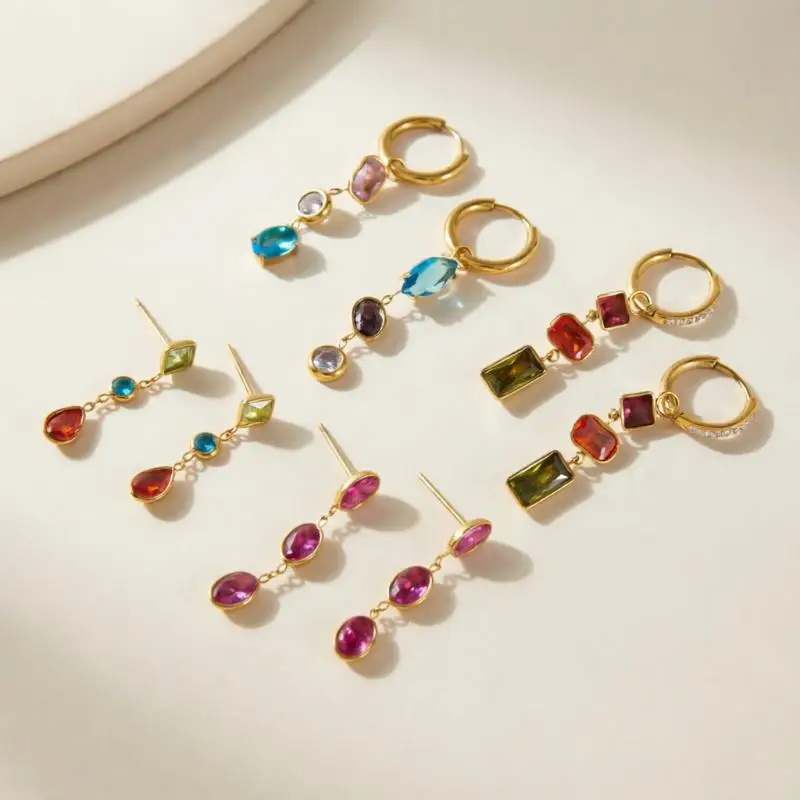 Sleek Multicolor Geometric Zircon Drop Earrings Tarnish Resistant Jewelry Gift for Women Graduation Presents