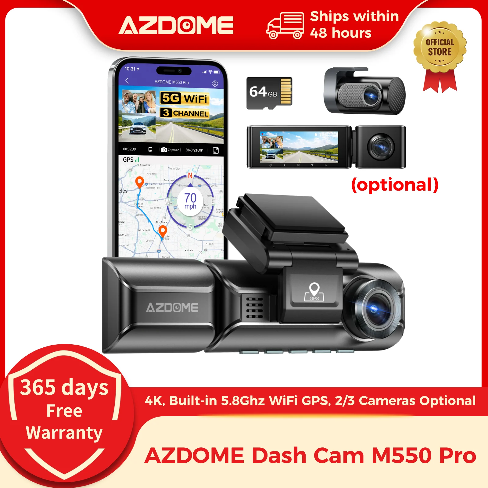 ترقية AZDOME M550 Pro جهاز تسجيل فيديو رقمي للسيارات داش كام 4K 5.8Ghz WiFi 2/3 كاميرات أمامية/مقصورة/خلفية نظام تحديد المواقع للرؤية الليلية شاشة ركن السيارة داش كا