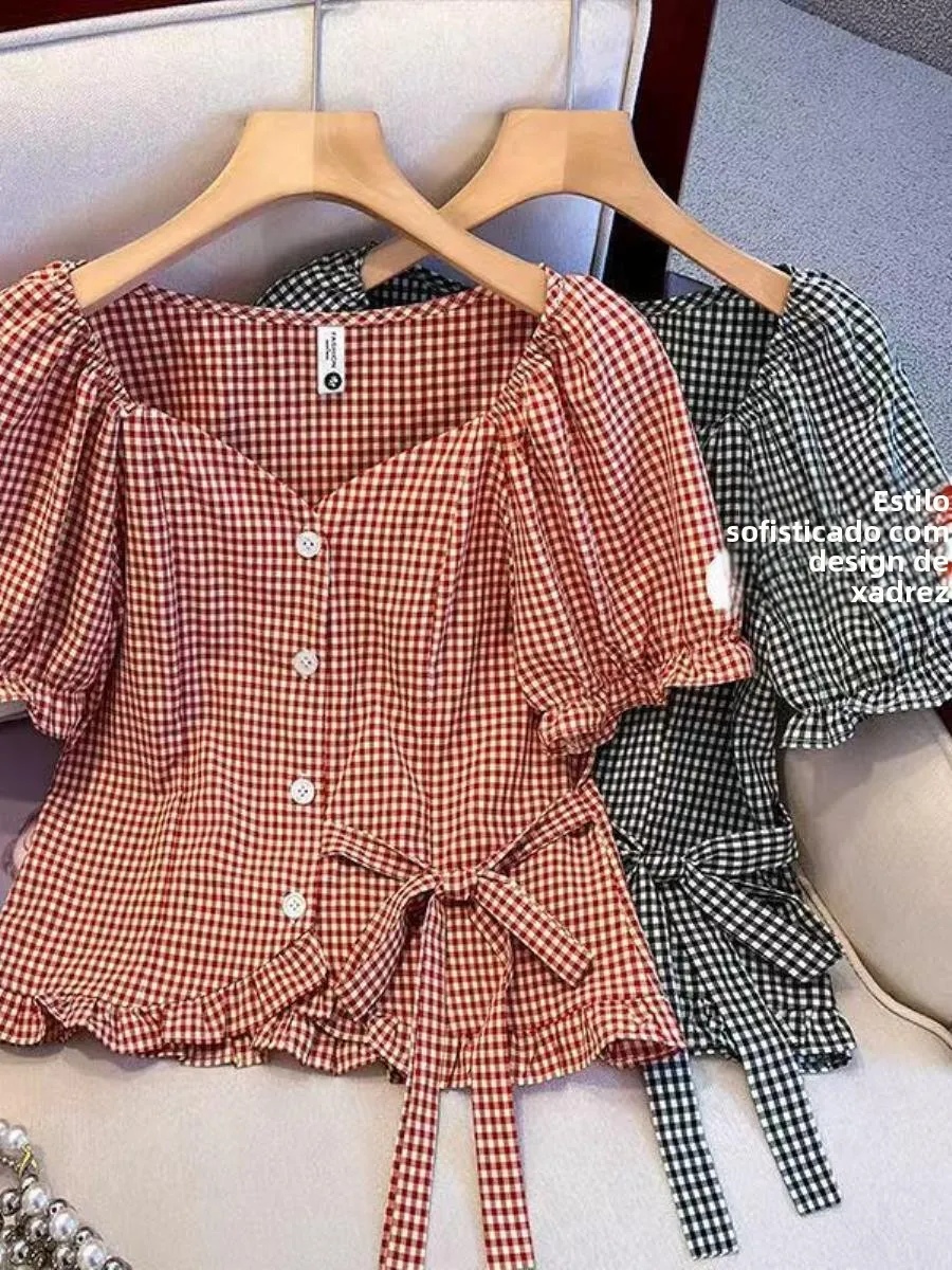 camisa-xadrez-feminina-estilo-coreano-doce-com-cinto-manga-bufante-bolso-curto-e-lenco-de-bolso-–-nova-chegada-de-verao