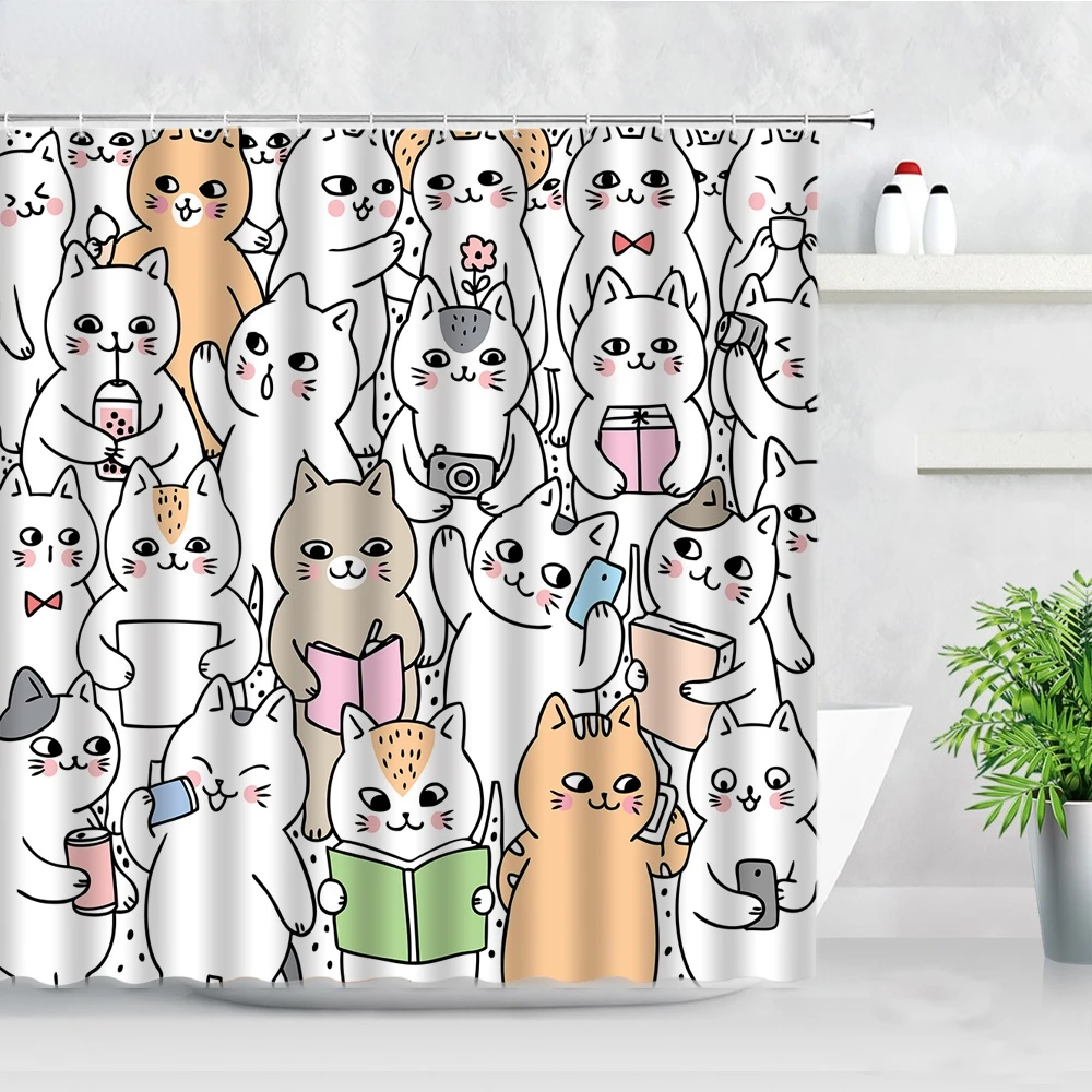 Funny Cartoon Dogs Shower Curtains 3D Cute Animal Cats Simple Nordic Home Bathroom Decor Screen Waterproof Bathtub Bath Curtain