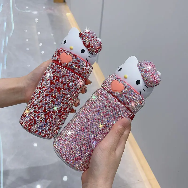 

Kawaii Hello Kittys Diamond Water Cup Anime Sanrios Thermos Cup Women Portable Hot Water Cup Child Cartoon Figure Thermos Gift