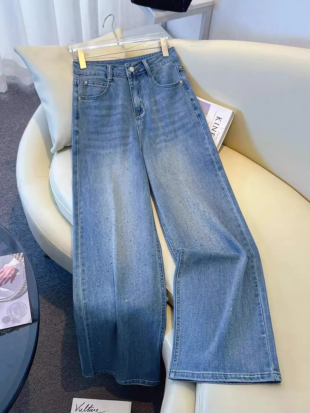High Waist Wide Leg Jeans Women's Casual Spring New Fashion Drill Loose Slimming Floor-Length Pants Casual Denim Jeans
