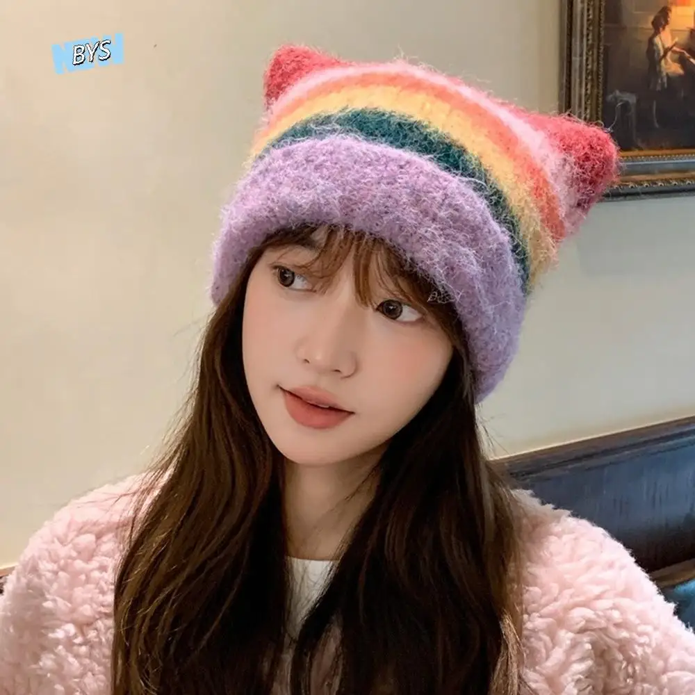 

Cute Colored Cat Ears Pullover Hat Gradient Japanese Style Woolen Knitted Hat Ear Protection Y2k Striped Bucket Hat Ladies