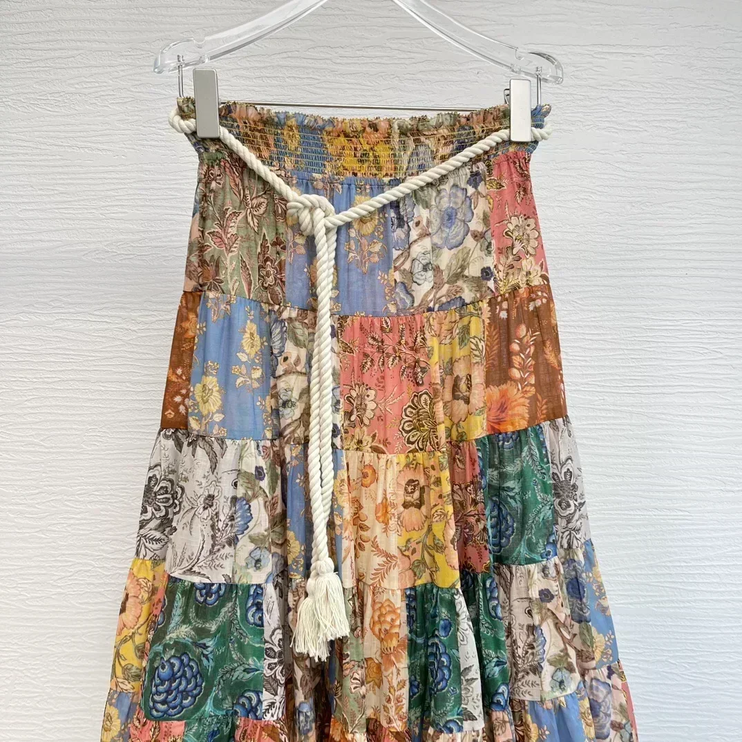 

Женская повседневная юбка-миди на шнуровке на талии в пляжном стиле, новая коллекция, лоскутное шитье с цветочным принтом