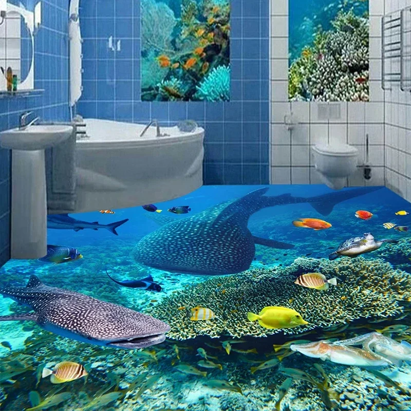 Custom Photo Shark Fish Seaweed Coral 3D Floor Murals Wallpaper Living Room Bathroom PVC Waterproof Self-adhesive Floor Sticker