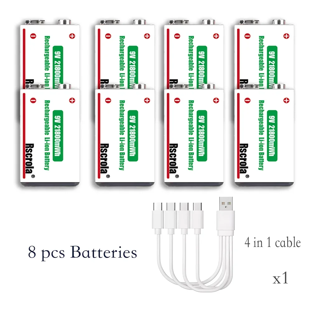 Langdurige 9V Lithium-ion Oplaadbare Batterij 21800mWh Hoge Capaciteit voor Gitaar Microfoon Rookmelder Pedaal met Kabel