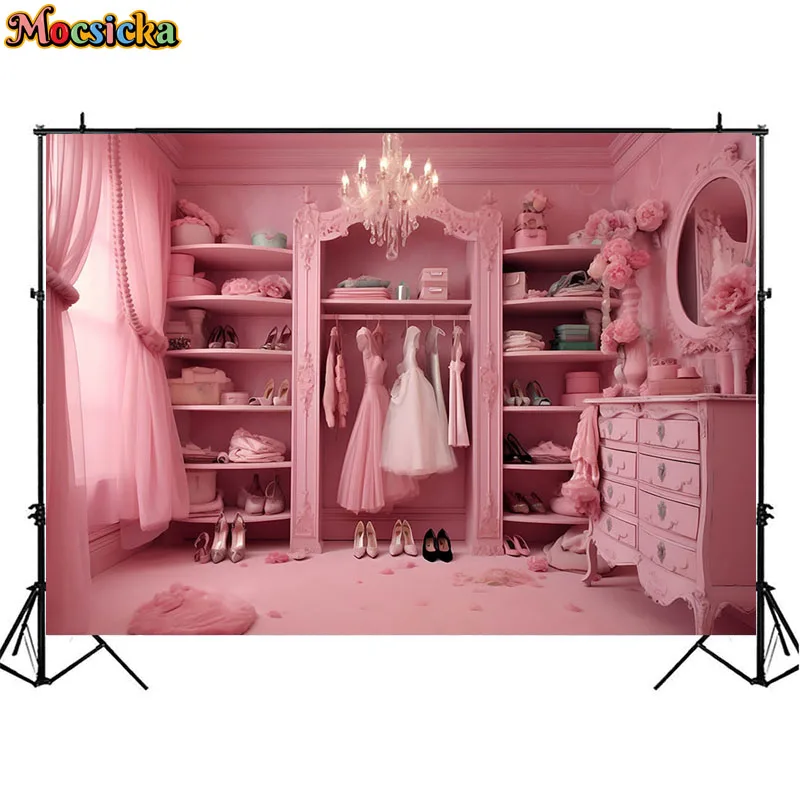 Pink Dream Closet Photography Backdrop Fashion Doll Vanity Mirror Dress High Heel Decor Kids Girl Birthday Cake Smash Background