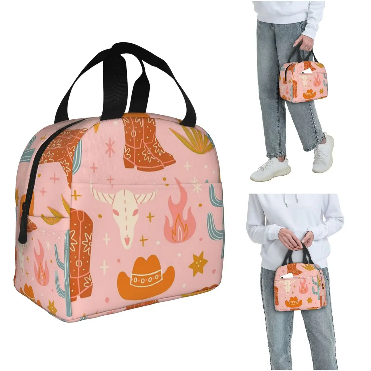 Western Cowboy Cactus Cow Head Floral Insulated Lunch Bag for Women Kids Portable Food Boxes Thermal Lunch Box Tote