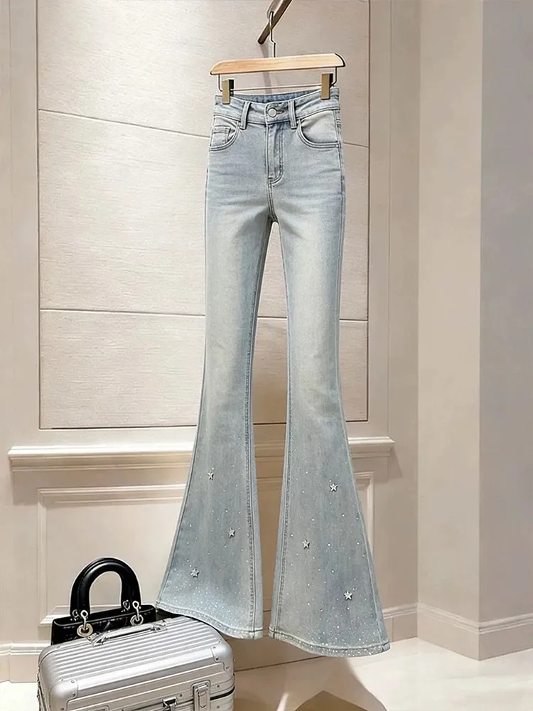 Light Blue High Waist Stretchy Slimming Sequin Micro Flared Jeans Women's Spring Summer Denim Pants High Waist Bootcut