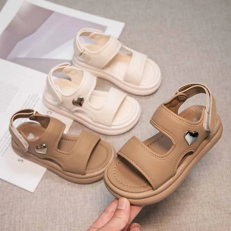 Girls Casual Sandals Open Toe Chiildren Summer Beach Shoes Kids Leather Sandals Simple Anti-Slippery All Match 2024 Summer New