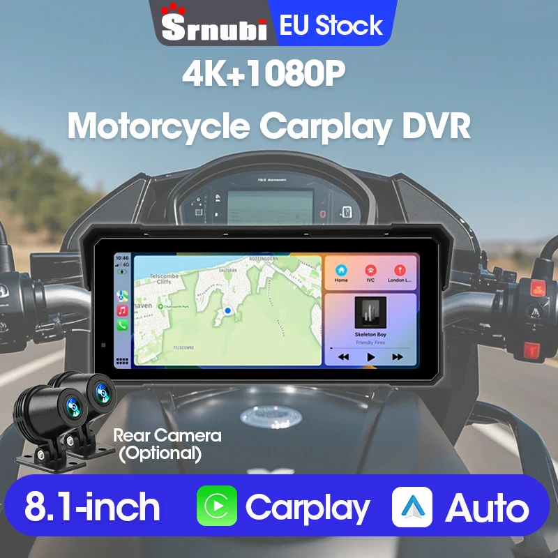 Srnubi 8.1" Wireless CarPlay Moto Touch Screen Cruscotto o lettore per moto Schermo di visualizzazione di navigazione GPS Monitor Android Auto