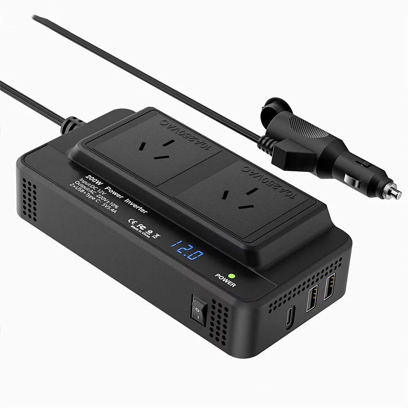 200W Car Inverter with 2 USB Ports + Type-C PD 20W Fast-charging Ports Car Socket Adapter Power Converter for Outdoor Camping