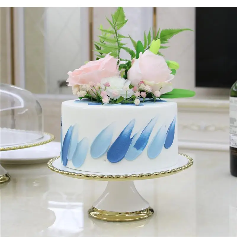 European-style Round Ceramic Tableware Golden Stroke High-foot Cake Tray 12 Inch White Plate Table Decoration