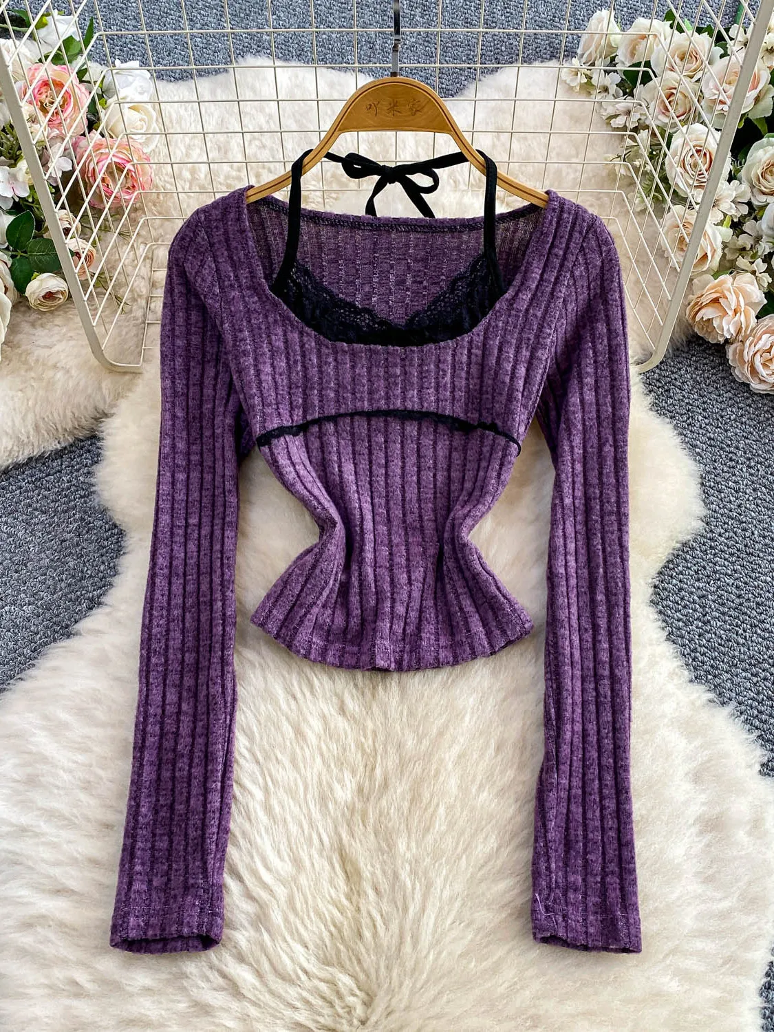 

Сексуальный кружевной вязаный топ с круглым вырезом и длинными рукавами, облегающий женский боди-комбинезон, повседневная одежда из двух частей