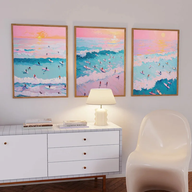 Sommerlicher Ozean Rosa Strand Schwimmen Surfen Minimalistisches Grünes Abstraktes Retro-Poster Leinwandgemälde Wandkunst Bilder Raumdekoration