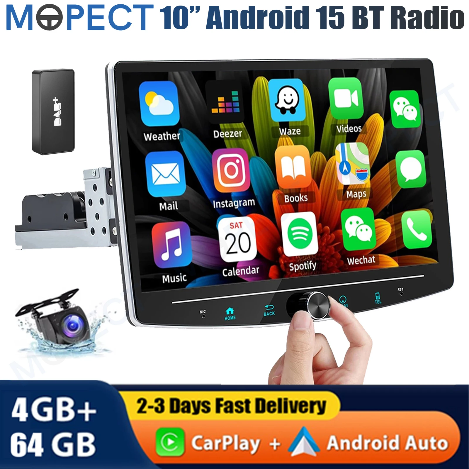 MOPECT 10.1" Single 1 Din Draaibare Carplay Android 15 Autostereo Radio MP5 Speler GPS Navigatie Draadloos Touchscreen FM BT+DAB&AHD