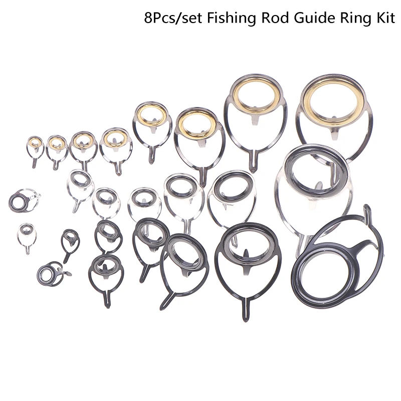 8Pcs Fishing Tackle Stainless Steel Repair Kit Set Fishing Rod Guide Ring Tip Fishing Pole Circle Ring Eye Guide Wire Loop