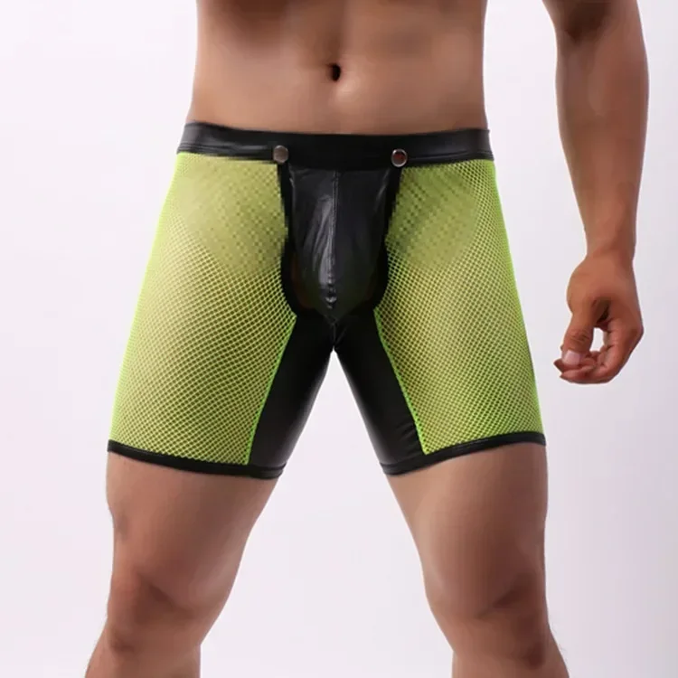 Tronchi erotici da uomo per giovani con apertura sul cavallo scava fuori boxer in ecopelle maglia patchwork rigonfiamento boxer pantaloncini glutei aperti