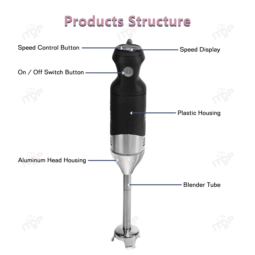 ITOP Handheld Blender 220W 250W Immersion Blender Stick Food Mixer Durable Commercial/ Household Use 8 Files Speed 4000-18000RPM