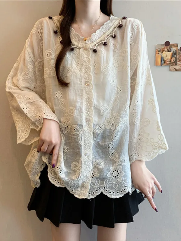 سترة مفتوحة من الدانتيل واللؤلؤ المطرز لربيع وصيف جديد Sle مقاس كبير للنساء فضفاضة من القطن irt سبعة أزرار Sve #1