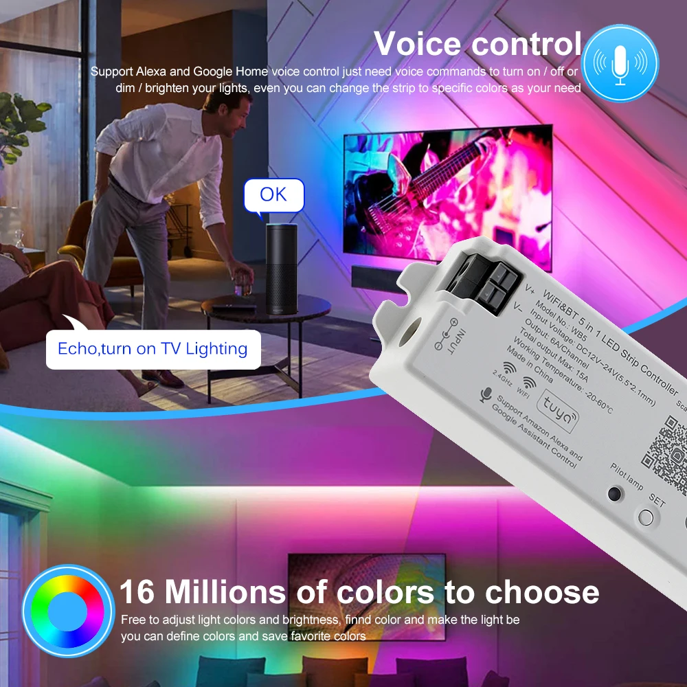DC12V 24V Wifi/Bluetooth LED Controller RGBCCT 5 in 1 Strip Alexa Google Home Voice Control by IOS/Andord Smartphone App