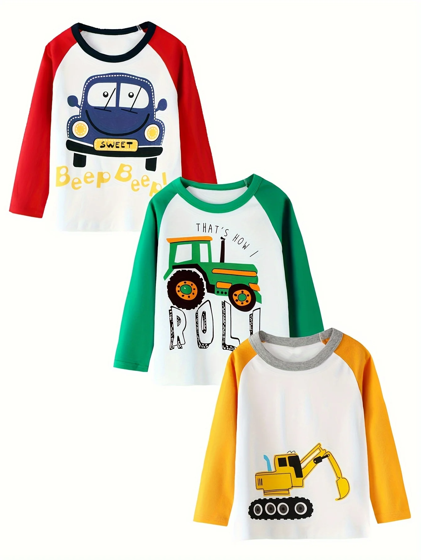 

3-Pack 100% Cotton Boys' Long Sleeve T-Shirts with Random Construction Vehicle Prints - Casual Spring/Autumn Style