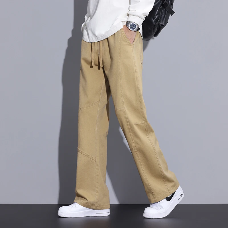 

2026 весна-лето, новые прямые повседневные брюки из 100% хлопка на шнурке для мужчин, одежда, однотонная уличная одежда, мужские брюки