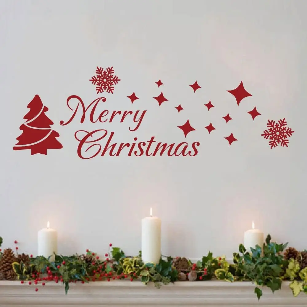 Merry Chritmas Tree Wall Stcikers Winter Snow Large Wall Decals Window Cling Quotes Star Removable Vinyl Art Decoration