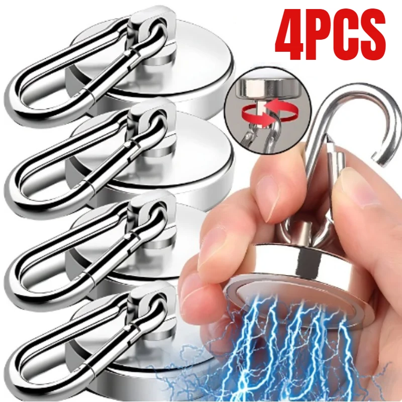 

4/1pcs Strong Magnetic Hooks Heavy Duty Neodymium Magnet Hooks with Swivel Carabiner Hook Kitchen Bathroom Hanging Hangers