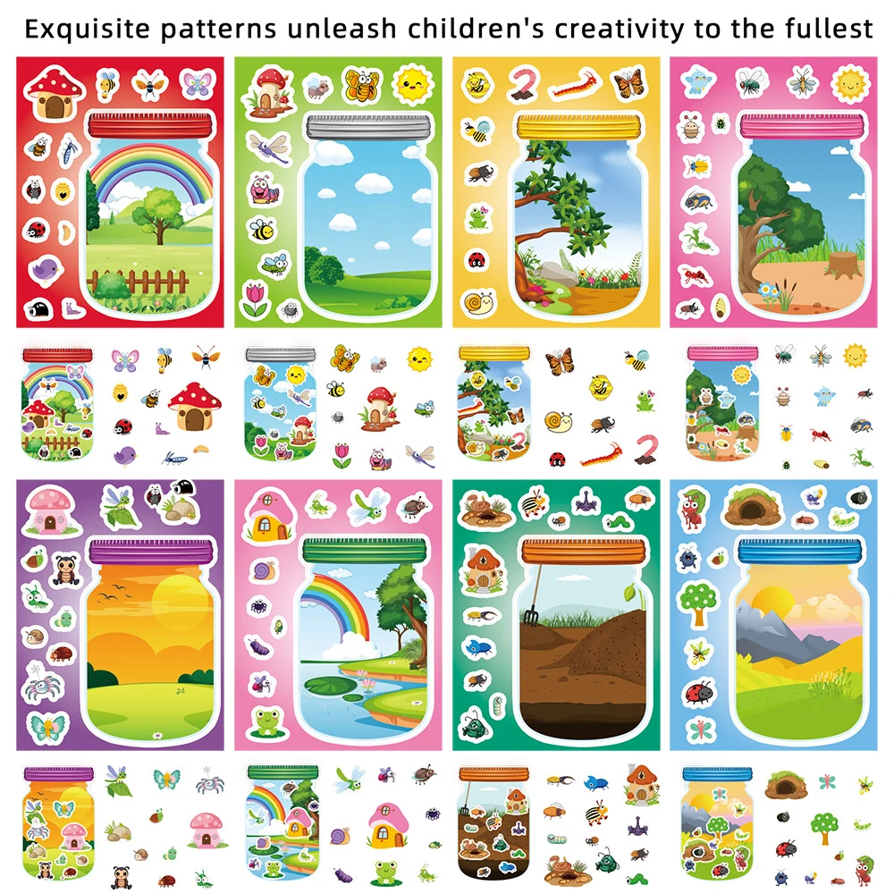 

8/16sheets Cute Funny Bottle World Puzzle Stickers Insect Animal Assemble Decals DIY Luggage Guitar Kawaii Sticker for Kids Toys