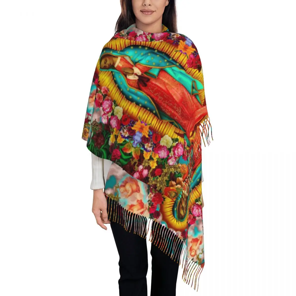 

Virgin Mary Shawl Wrap for Women Winter Warm Large Soft Scarf Our Lady of Guadalupe Christian Reversible Tassel Scarves