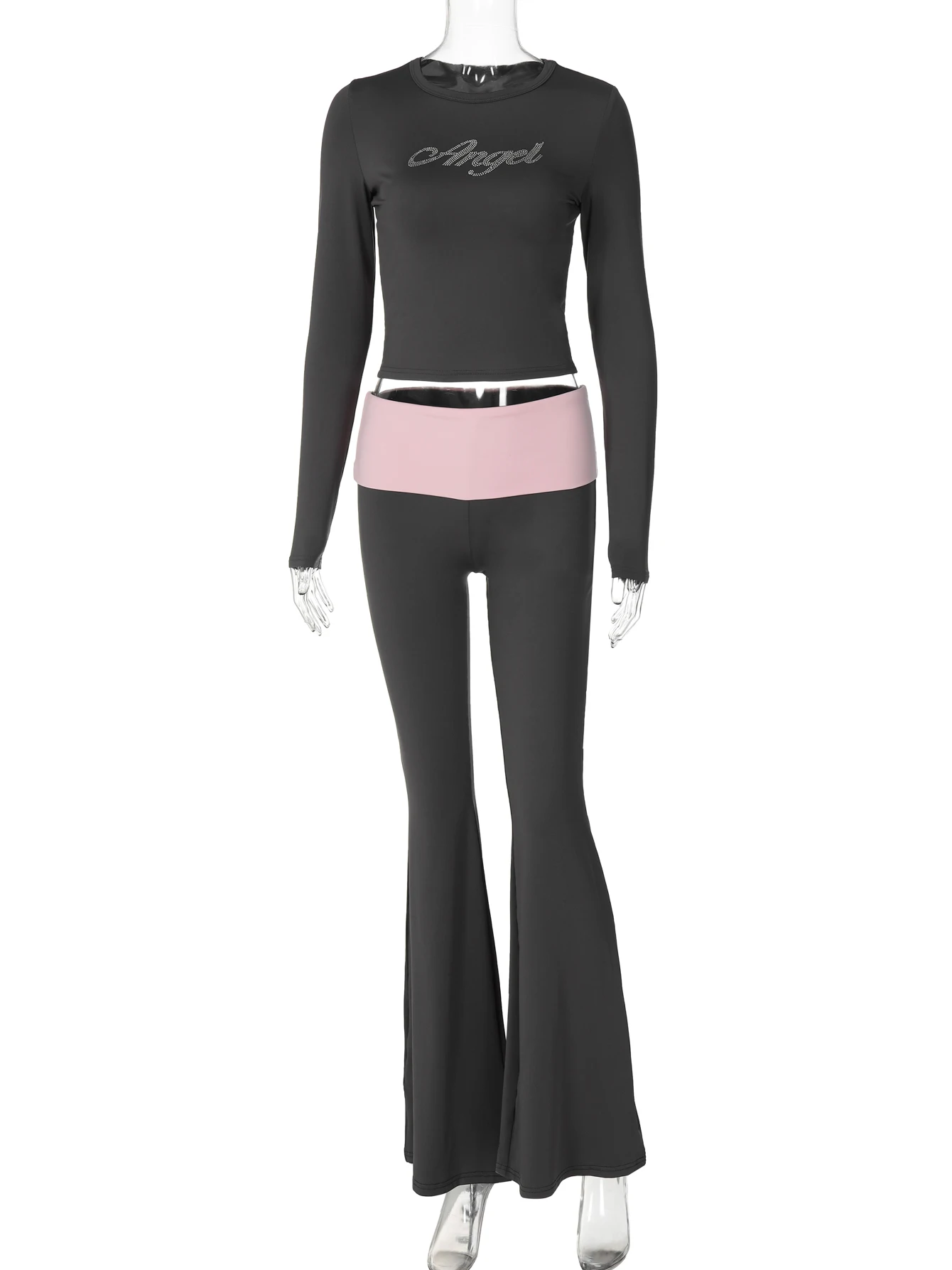 Hugcitar Fashion 2 Piece Sets Letter Sequined Long Sleeve Sexy Crop T-Shirt Patchwork Flare Pants Women Outfits Streetwear Party