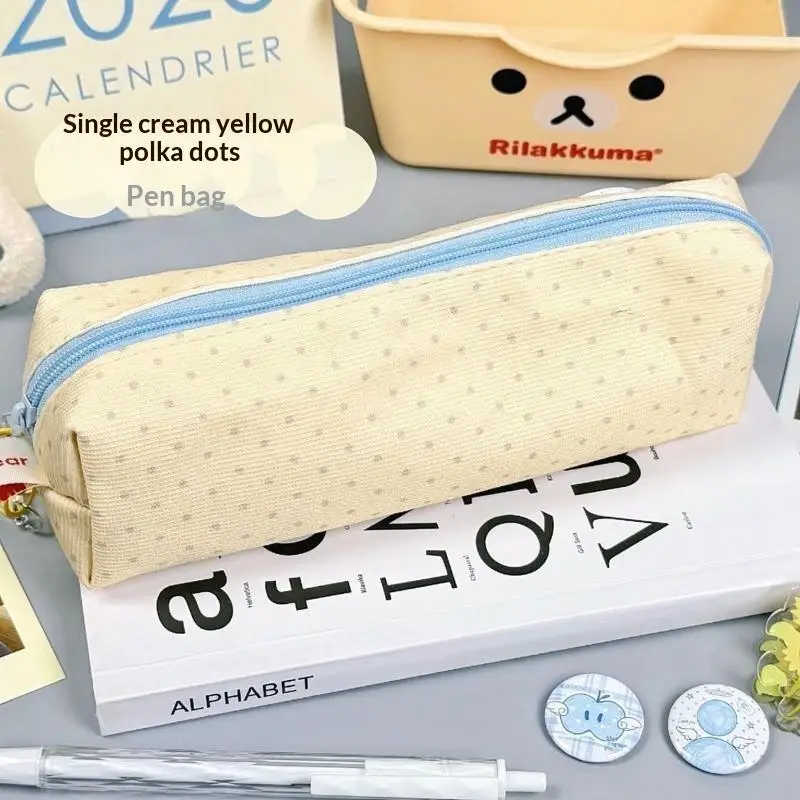 Cream Yellow Polka Dot Pencil Case Washable Durable Large Space Stationery Bag for College Students Dorm Storage Use
