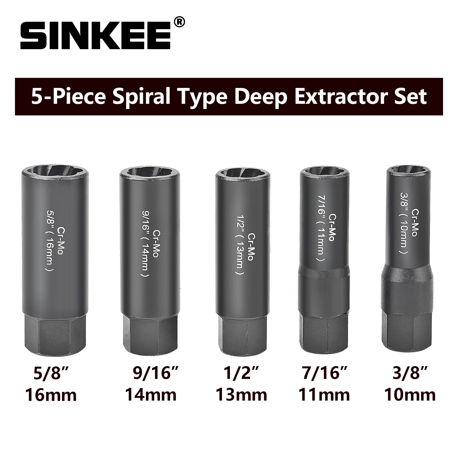 5 Piece Spiral Type Deep Extractor Set Bolt Remover Lug Nut Socket Tool