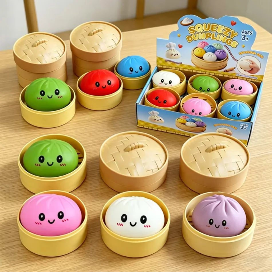 Cute stuffed buns, slow rebound cartoon expression, Xiaolongbao decompression toy, with mini steamer