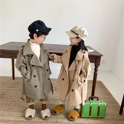 Trench Autumn New Korean Children Windbreaker Loose Coat Boys and Girls Long Turn Down Collar Tide 2024 Turn Down Collar