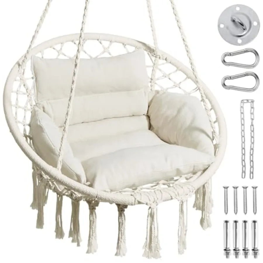 

Hammock Chair Macrame Swing Chair with Comfy Cushion Boho Hanging Chair for Outdoor and Indoor Perfect for Bedroom Patio Balcon