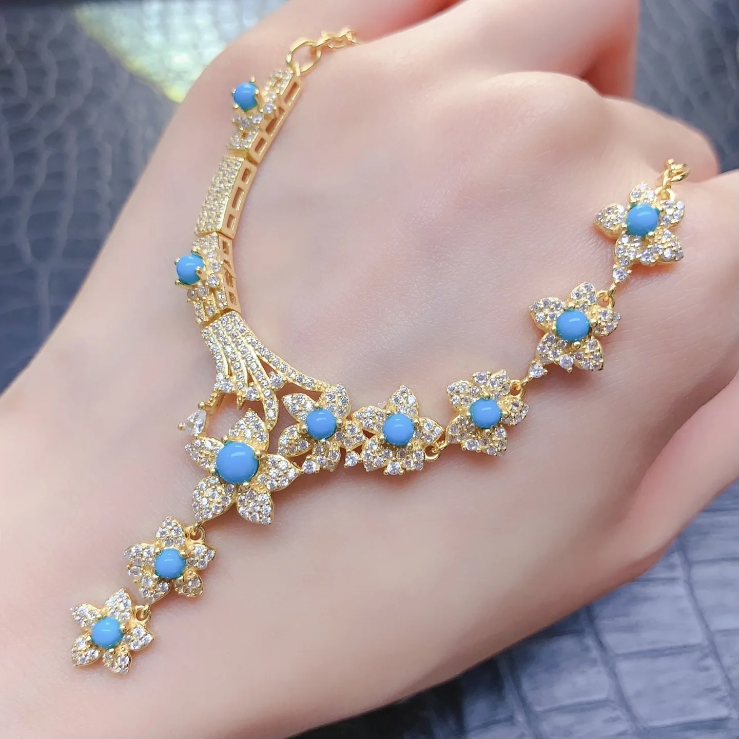 Natural Turquoise Statement Necklace, Gold Plated S925 Silver Inlaid 3mm Round Main Stones, Full Zircon Flower Design Elegant