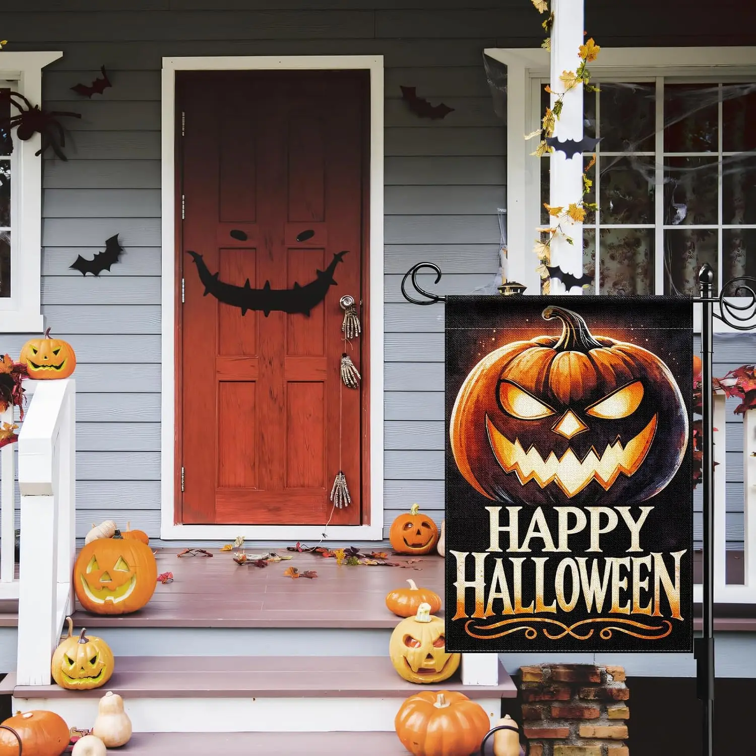 Happy Halloween Garden Flag, Scary Pumpkin Jack O;Lantern Holiday Yard Flag 12x18 Inch Double Sided Burlap Flag Outside Decorati